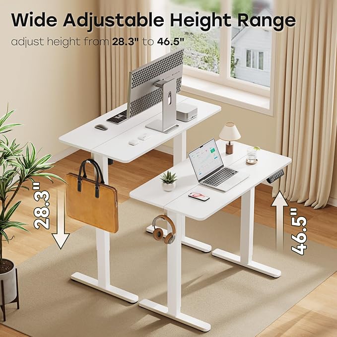 40" Electric Standing Desk, White Standing Desk with 2 Hooks | Height Adjustable Sit Stand Desk with 2 Hooks, Stand up Desk with Splice Board & Sturdy Frame for Home Office - Image 3
