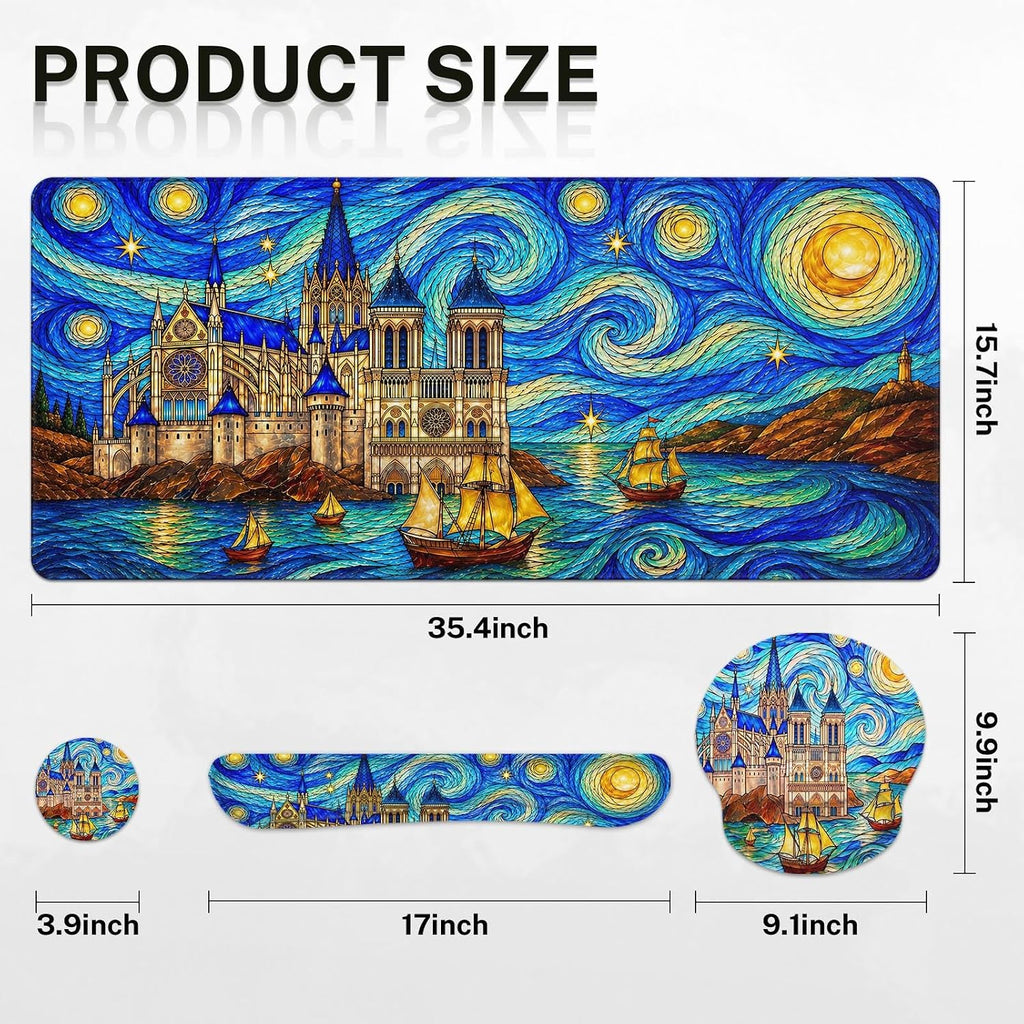 Keyboard Mouse Pad Set, 4 in 1 Desk Mat Set, Blue Starry Castle - Image 2