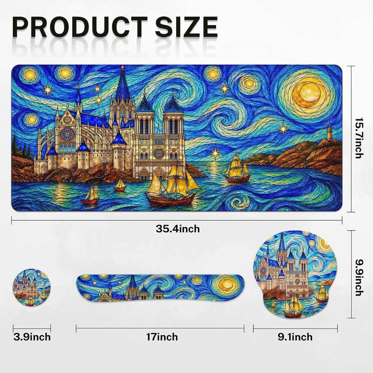Keyboard Mouse Pad Set, 4 in 1 Desk Mat Set, Blue Starry Castle - Image 2