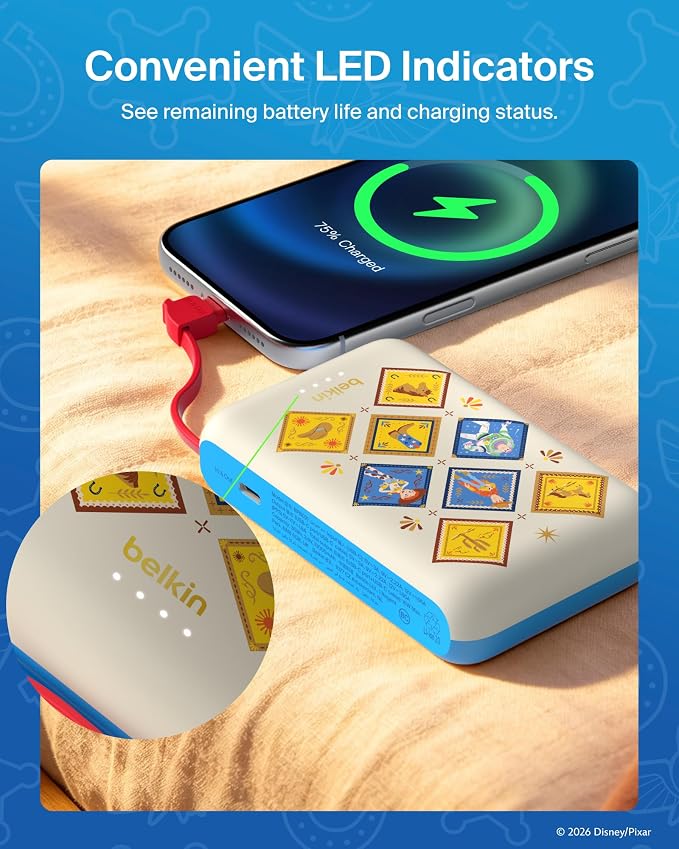 Belkin Disney Toy Story 5 10000mAh 20W USB C Power Bank, Portable Charger | Fast Charging, Integrated USB C Cable, Extra USB C Port, iPhone 17, iPad, Samsung Galaxy S26, Charge 2 Devices - Image 6