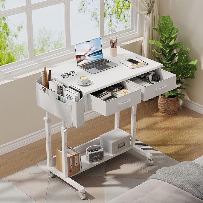 WINAZ Small Rolling Desk with Drawers & Storage - 32 Inch Adjustable Height Standing Desk on Wheels for Teachers, Students, Portable Mobile Workstation for Home Office, Small Spaces, Sewing & Crafts - Image 2