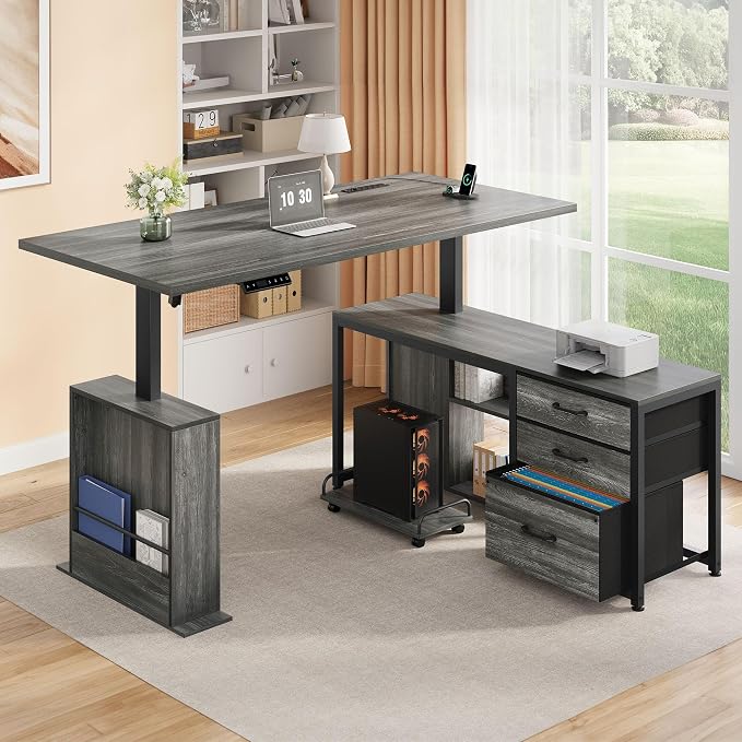 63'' L Shaped Desk with 3 Drawers Electric Standing Desks Grey | with Storage Computer Desk Adjustable Height with Power Outlets 4 Memory Presets for Home Office - Image 8
