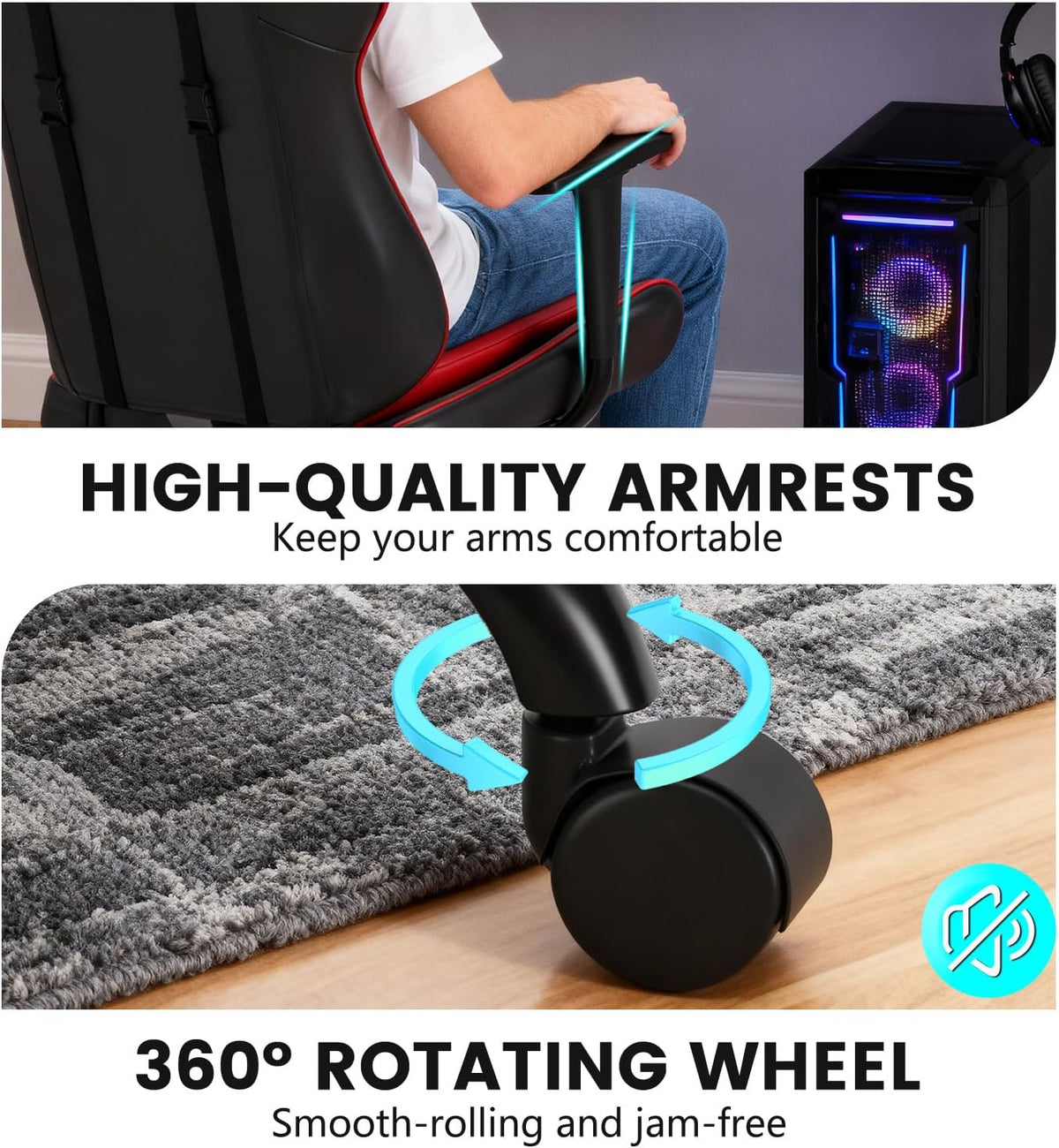 BestOffice | Ergonomic Gaming Chair | Red | Reclining Computer Chair with Lumbar Support, Headrest Pillow, Adjustable Footrests | 360 Swivel with Heavy Duty Wheels | for Home & Office - Image 6