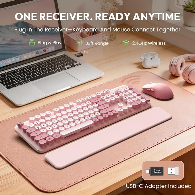 Wireless Keyboard and Mouse Combo, Typewriter Keyboard, Magnetic Wrist Rest | Full-Size, Cute Round Keycaps, Smart Sleep Mode, 2.4GHz Stable Connection for Mac/Windows/PC, Office or Home, Trueque CK24 - Image 2