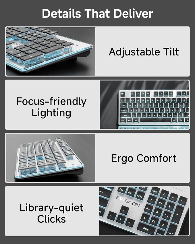 Wireless Keyboard and Mouse Combo with White Backlit Pudding Keycaps, Bluetooth & 2.4G, 2000mAh Rechargeable, Full Size, Metal Panel Quiet Computer Keyboard Set for Windows PC Desktop - Black - Image 7