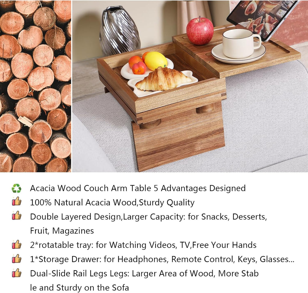 Acacia Wood Couch Arm Tray, 13.4 x 10.3 x 9.5 inches - Image 4