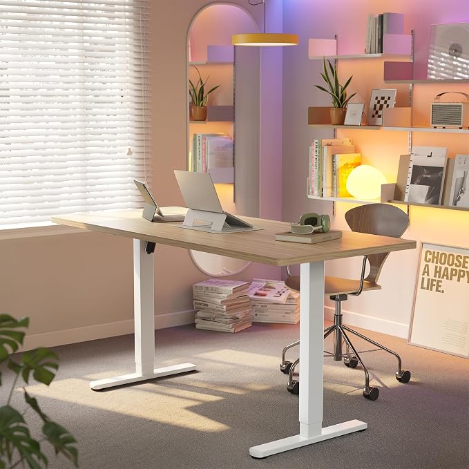 HUANUO 63x28 Inch Electric Standing Desk, Height Adjustable, Light Walnut | 176 Lbs Capacity, Smooth Home Office Desk, 4 Memory Presets & Headphone Hooks, 28.3–46.5 Inch Height Range, Easy to assemble - Image 9