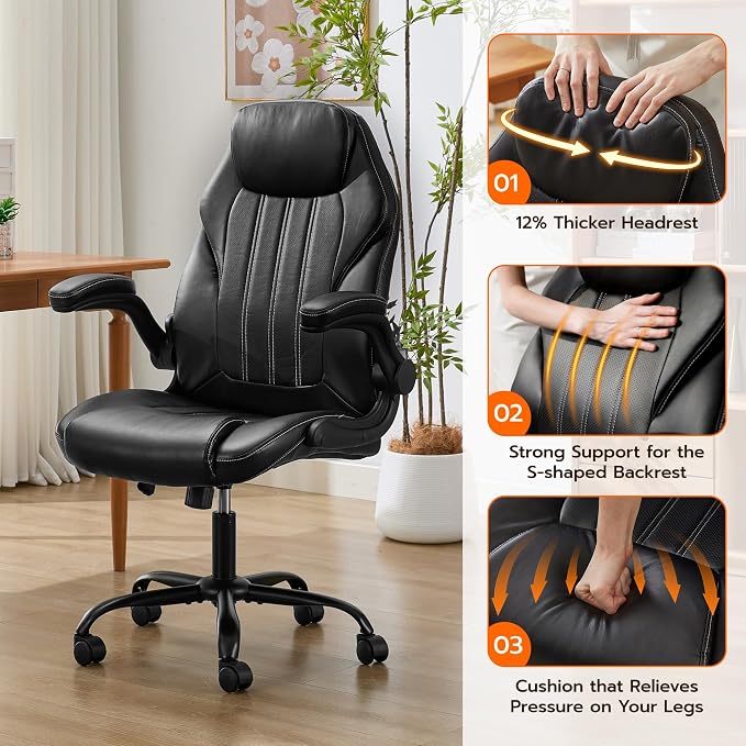 Ylzyxal Office Desk Chair, Ergonomic Computer Chair with Padded Flip-Up Arms and Adjustable Lumbar Support, PU Leather Executive Chair with Tilt Lock and 360° Swivel Rolling Wheels for Work, Study - Image 7