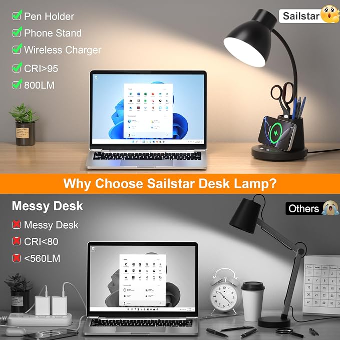 10W Wireless Charging LED Desk Lamp with Pen Holder, CRI 95, Black | 800LM, 3 Modes, 360°Flexible Arm, Touch, Brightness, Table Lamp for Home Office, Dorm, Bedside, Study, Reading, with Adapter - Image 6