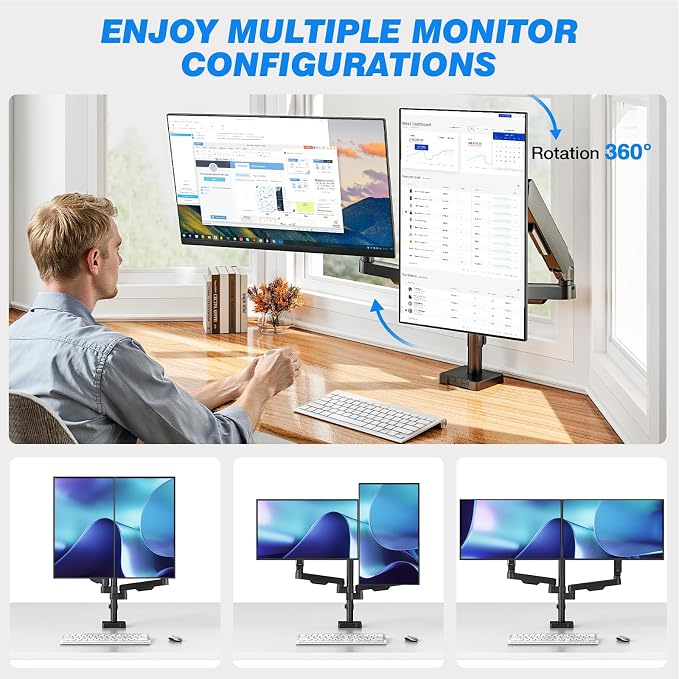 Rfiver Dual Monitor Stand Desk Mount for 17-34" Screens Holds up to 22lbs | Full Motion Height Adjustable, Tilt/Swivel, 360 Rotation VESA 75/100mm, Compatible C-clamp/Grommet Base Install - Image 7