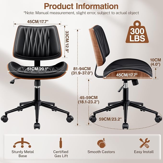Ergonomic Armless Office Desk Chair - Mid-Century Modern Black Faux Leather with Diamond Stitch, Adjustable Height Swivel Rolling Task Computer Chair with Walnut Accent for Home Office, Study & Work - Image 2