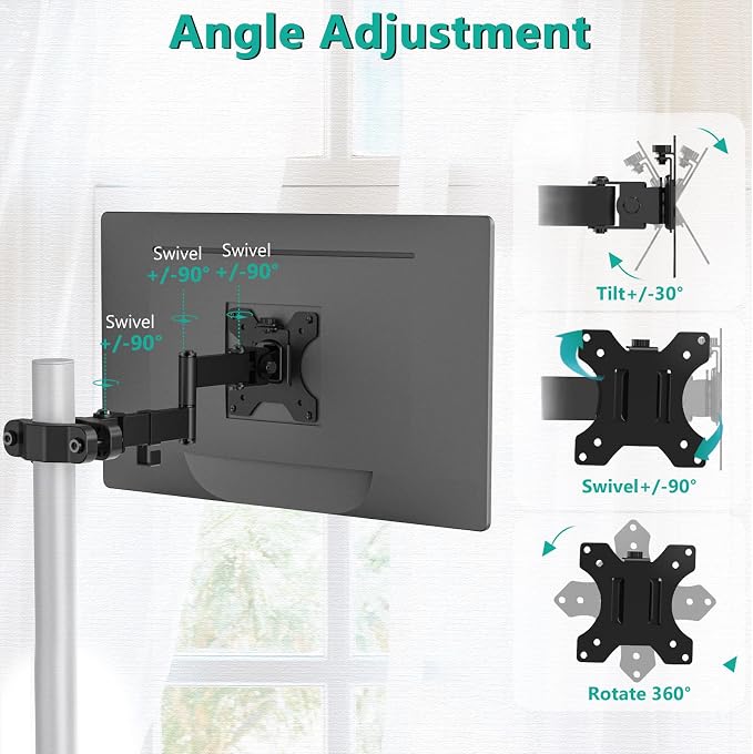 WALI Single Monitor Arm Mount for 17 to 32" Monitors, Full Motion Steel Monitor Pole Mount Bracket with Removable VESA Plate 75mm and 100mm, Vesa Mount for Outdoor, Gazebo, RVs (011ARM), Black - Image 3