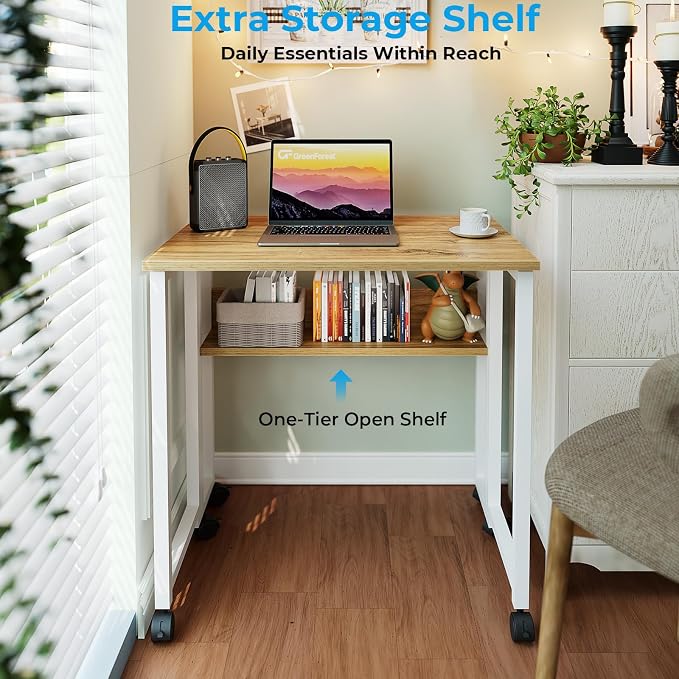 GreenForest Folding Desk with Wheels, 24.8" Rolling Table for Small Spaces | Storage Shelf, Lockable Casters, Compact Portable Workstation, Space-Saving Foldable Sofa Table, Home Office, Mobile, Oak - Image 5