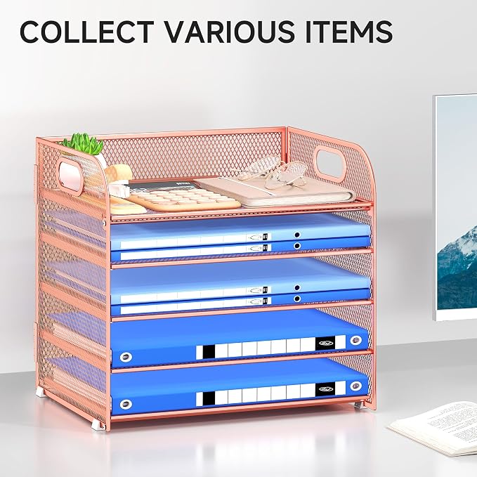 Paper Organizer Letter Tray with Handle Mesh 5 Trays | Desk File Organizer Paper Sorter Desk Organizer for Office, Home or School-Rose Gold - Image 6