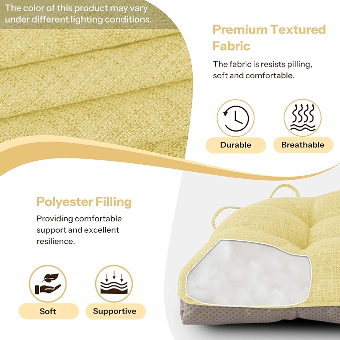 Chair Cushions for Dining Chairs Set of 2, 18"x18"x3", Yellow | Non-Slip with Ties, Tufted, Faux Linen, Seat Cushions for Dining Room Kitchen Breakfast Nook Indoor Home Office Living Room - Image 4