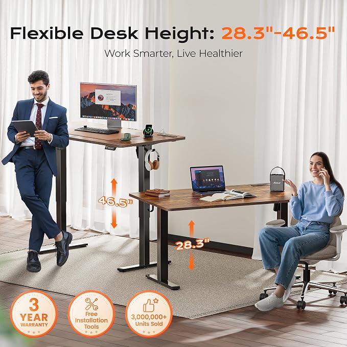 Huuger 55 x 28 Large Electric Standing Desk with 4 AC Outlets, Type-C Port, Height Adjustable Computer Desk, 27.6" Deep Desktop, Stand up Gaming Office Desk, 3 Preset Heights, Rustic Brown, ACD135Z - Image 3
