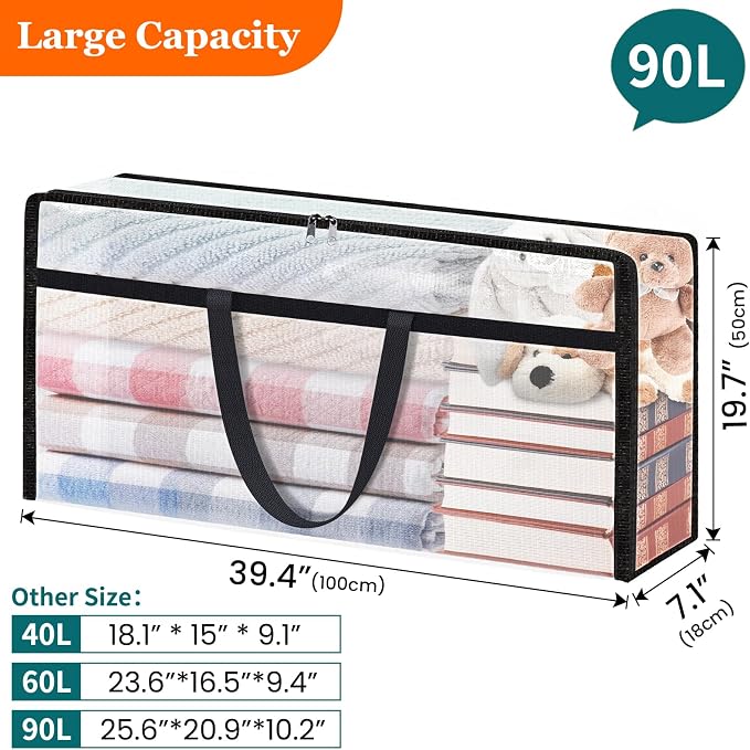 TasticTotes 8 Pack Clear Storage Bags for Comforter, 90L Long | Plastic Blanket Storage with Zipper & Handle, Foldable Moving Bags, Closet Organizer and Under-Bed Storage Containers - Image 2
