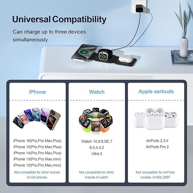 3 in 1 Charging Station for Multple Devices,Foldable 3 in 1 Wireless Charger for Travel,Nano Wireless Charging Station for iPhone16 15 14 13 12 Pro Max/Watch 10 9 8 7 6 5 4 3 Ultra/AirPod Pro - Image 4