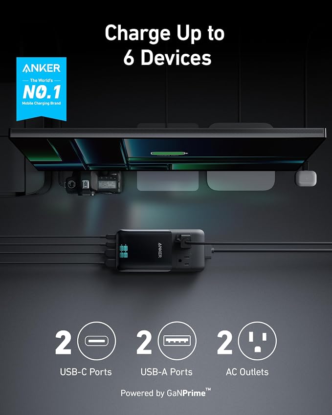 Anker Prime Charging Station, 140W 6-in-1 Travel Power Strip, 2 USB C | 2 AC, 2 USB A, 5ft Detachable Extension Cord with Multiple Outlets, Desk Accessories, Home Office (Non-Battery/Wireless) - Image 2