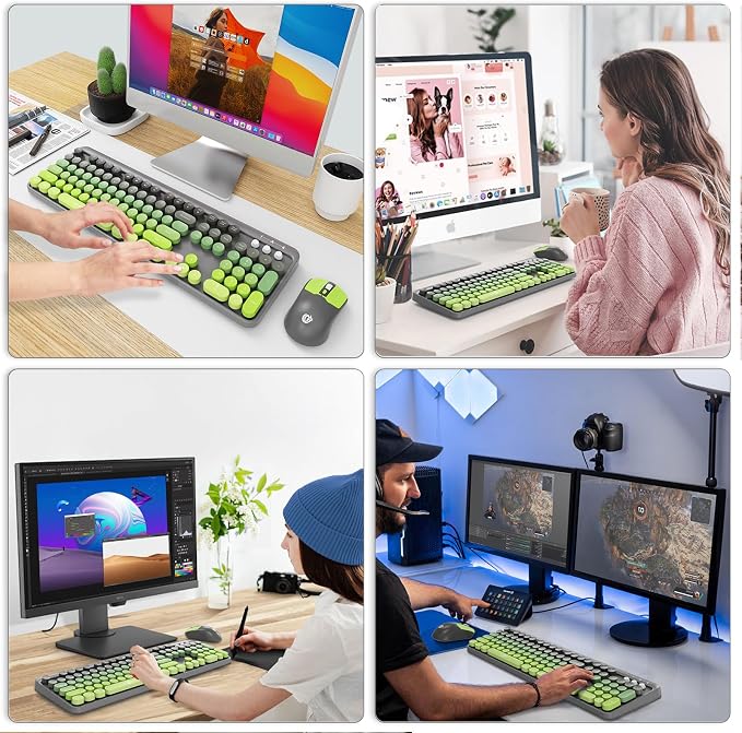 Wireless Keyboard and Mouse Combo, 104 Round Keys Cute Colorful Keyboard and Mouse with Retro Typewriter for PC/Mac/Laptop/Tablet/Computer/Windows Gray Green - Image 7