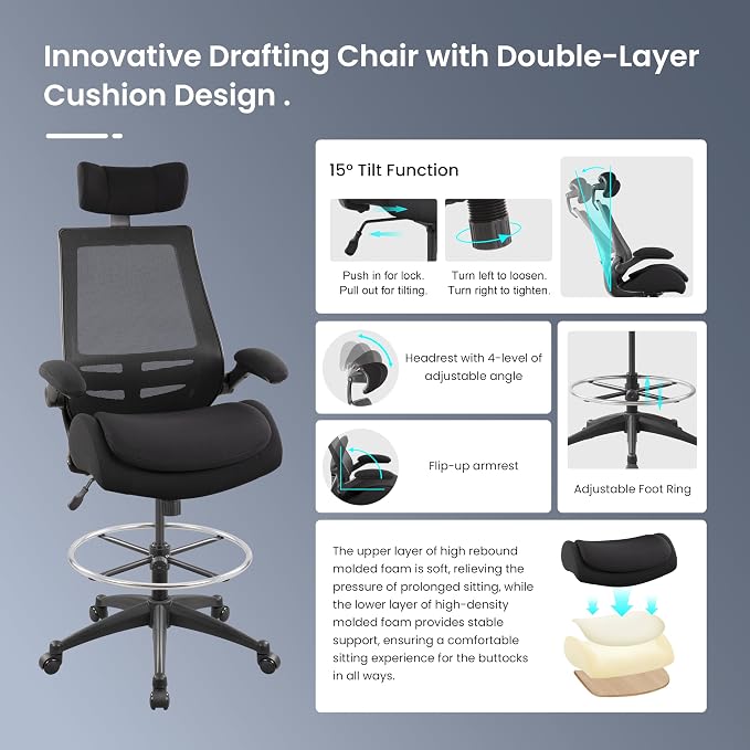 BOLISS Big and Tall Drafting Chair 400lbs High Back Dual Seat Cushion | Ergonomic Office Chair for Standing Desk, Double Thick Seat Cushion, Adjustable Foot Ring, Lumbar Support & Flip Up Armrests - Image 4