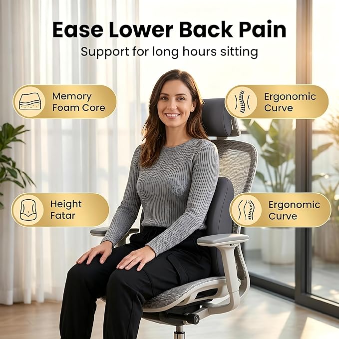 Lumbar Support Pillow Memory Foam Back Cushion for Sciatica & Lower Back Pain Relief Orthopedic Posture Corrector for Office Chair Gaming Chair Car Seat Breathable Washable Dark Gray - Image 4