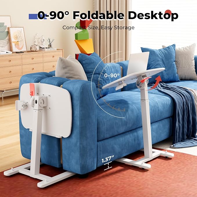 JOY worker Low Height Small Mobile Standing Desk, 90° Foldable Laptop Desk | Height Adjustable TV Tray Table, 21.65" White MDF Tilt Board, Portable Desk with Low Base & Hidden Wheels, Couch Sitting Use - Image 5