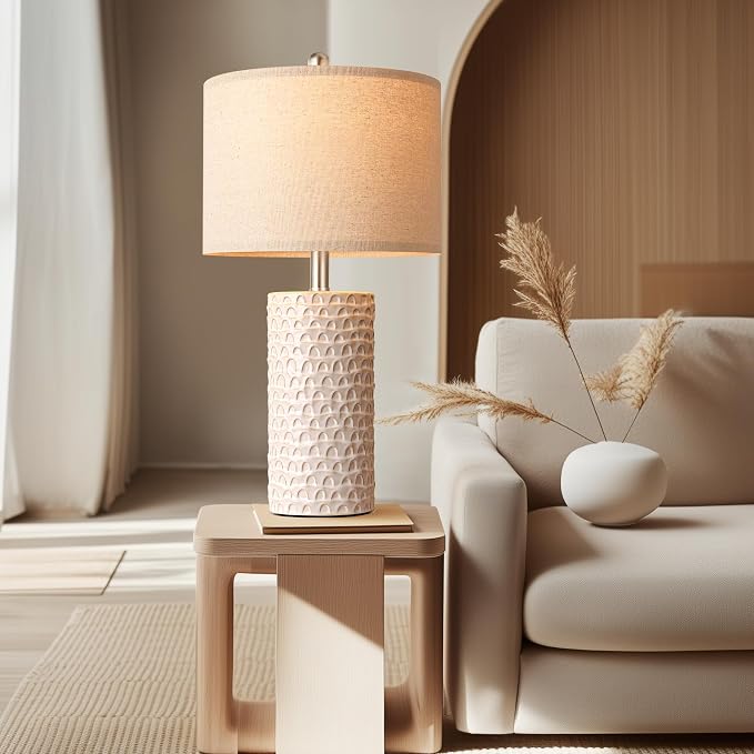 23" Modern Ceramic Table Lamp Set of 2, Table Lamps for Living Room, Rustic Farmhouse Bedside Lamps Nightstand lamp for Bedroom, White Desk Lamp for End Table Home Decor Beige - Image 5