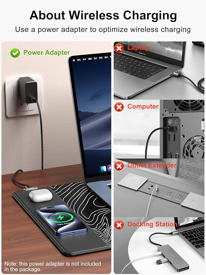 TopMade Mouse Pad with 15W Fast Wireless Charging, 31.5"x15.75" XXL Large Gaming Waterproof Desk Pad with Ultra-Smooth Surface, Non-Slip Base, Computer Desk Mat, Black Topographic Map #1 - Image 5