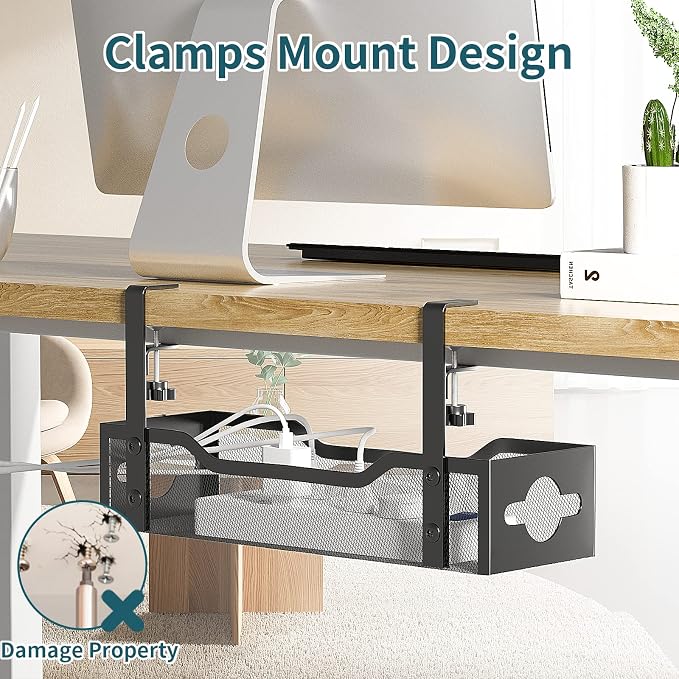 Litwaro Under Desk Cable Management Tray 2 Pack, No Drill, Organizer with Clamp Easy to Install for Standing Cord Organizer, Wire Damage Desk, Black, 13.38''-2 pack - Image 4