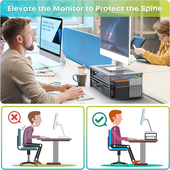 MINDEPOT 2 Tier Computer Monitor Stands with Drawer and 2 Pencil Holder | Computer Monitor Stands with Drawer and 2 Pencil Holder - Image 7