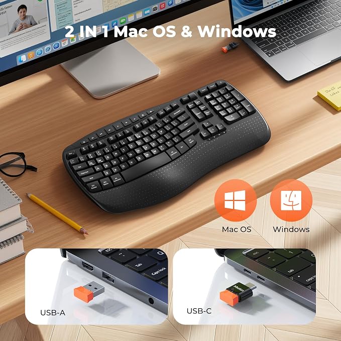 MEETION Wireless Ergonomic Keyboard with Wave Keys and Wrist Rest - Black | Firm wrist rest, 2.4G USB-A receiver, USB-C adapter included, full-size layout, compatible with Windows, Mac, PC, laptop - Image 6