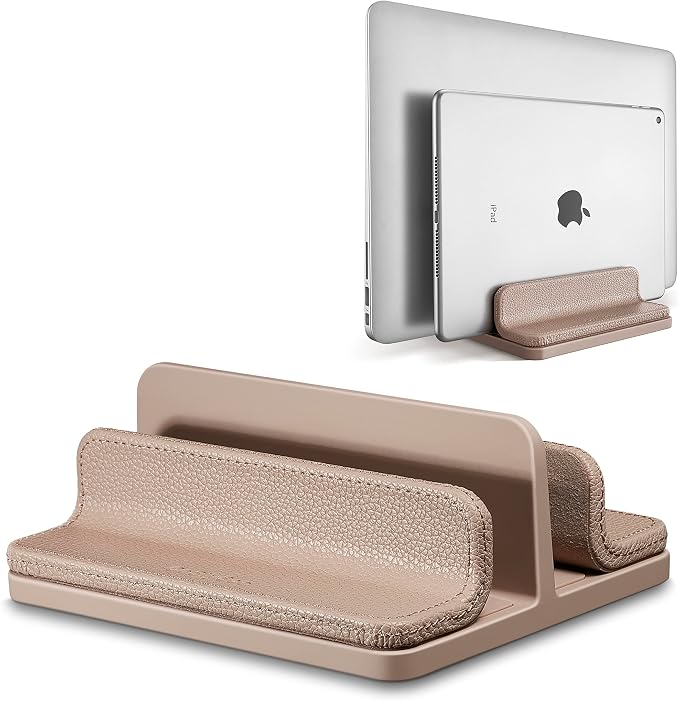 Leather Vertical Laptop Stand,Dual Laptop Holder Stand,Laptop Organizer with Adjustable Dock (18-26mm/0.7-1 in) for All MacBook/Tablet/Surface/Dell/iPad (Apricot) by MakeYourLifeMoreColorful