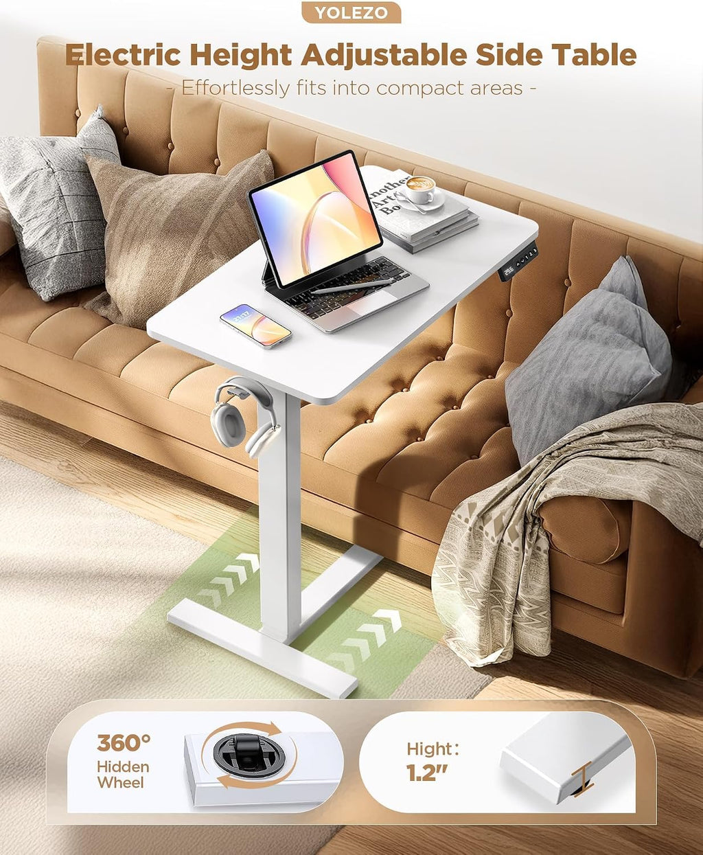 28"x 16" Electric Overbed Table, Rolling Laptop Desk for Bed, White - Image 2