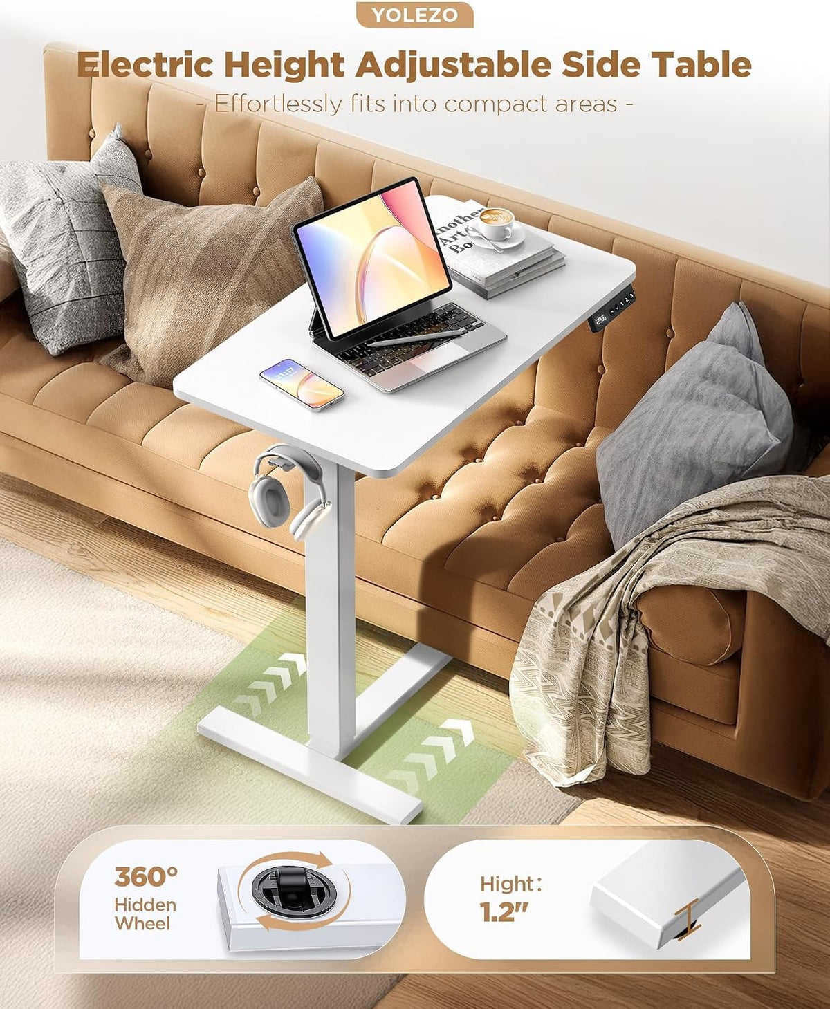 28"x 16" Electric Overbed Table, Rolling Laptop Desk for Bed, White - Image 2