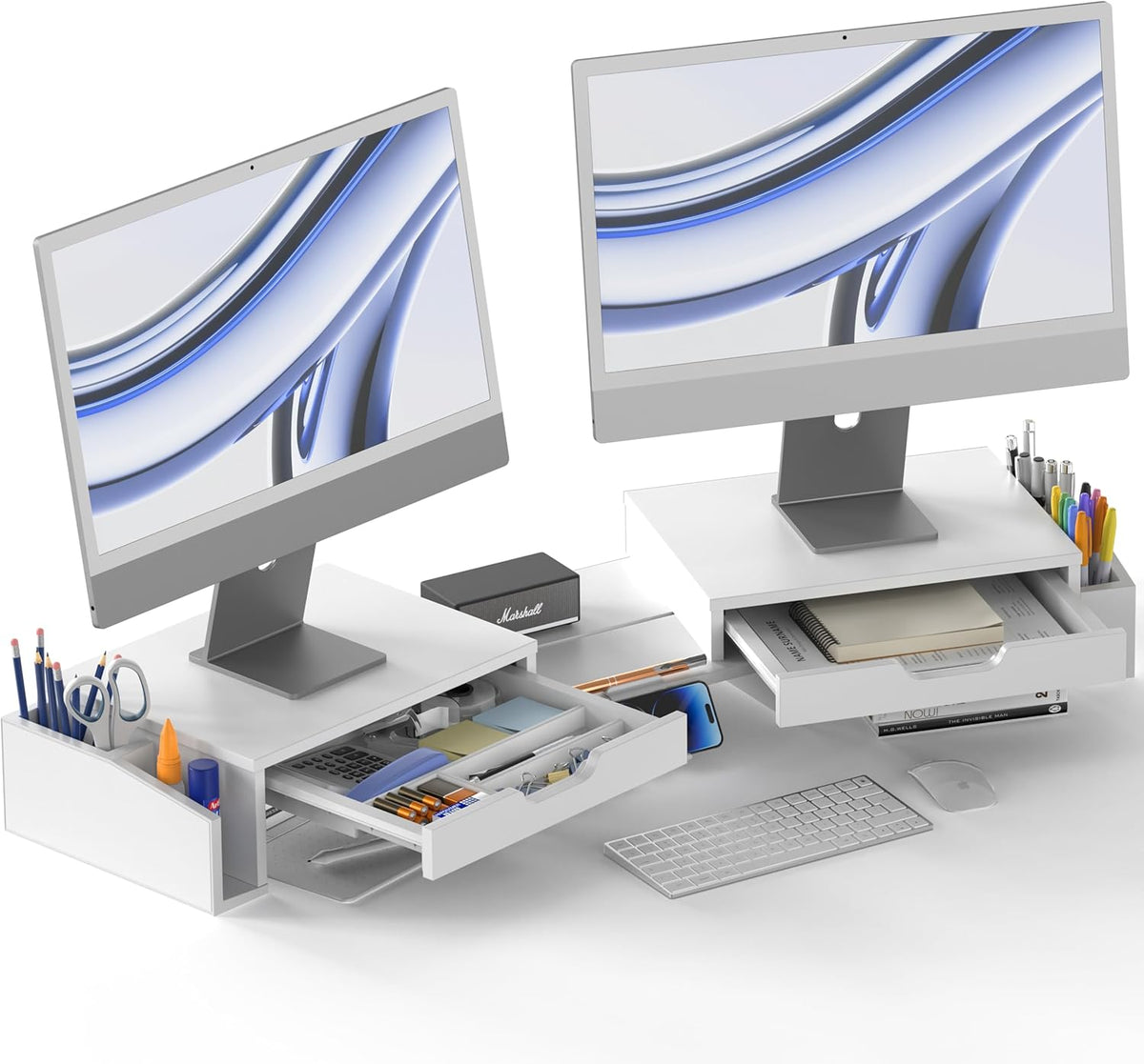 Simple Houseware Desk Dual Monitor Stand Riser with 2 Drawers, White by Simple Houseware