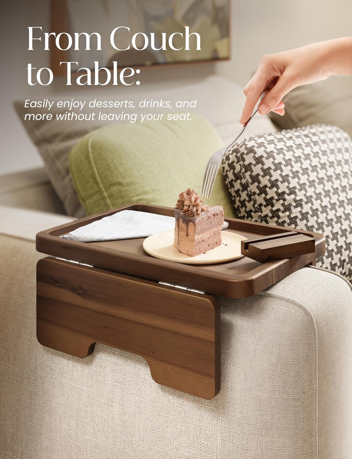 15.75" Acacia Couch Armrest Table with Phone Holder, Walnut Color - Image 5