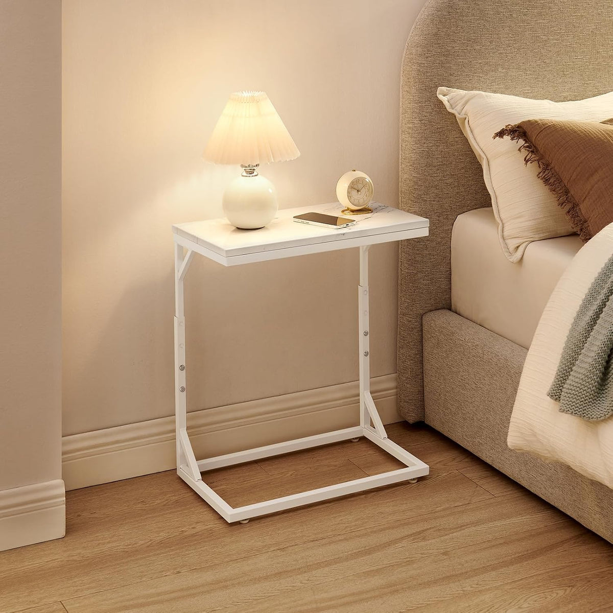 C-Shaped End Table, Small Sofa Table with Metal Frame, Adjustable Height Side Table for Couch, Living Room, Bedroom, Bedside (White, Medium) - Image 5
