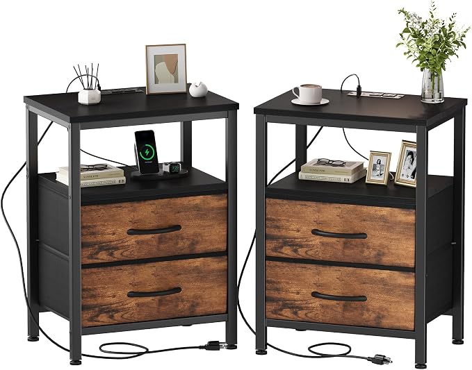 OLIXIS Nightstand with Charging Station, Beside Table with Fabric Drawers | 3-Tier End Table Set of 2 with Storage Shelf, Night Stand with USB Ports and Outlets for Bedroom, Rustic Brown and Black by OLIXIS