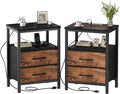 OLIXIS Nightstand with Charging Station, Beside Table with Fabric Drawers | 3-Tier End Table Set of 2 with Storage Shelf, Night Stand with USB Ports and Outlets for Bedroom, Rustic Brown and Black by OLIXIS