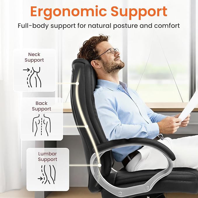 NEO CHAIR Office Desk Chair PU Leather Chair with Lumbar Support, Jet Black | Ergonomic High Back Executive Computer Chair, Comfortable Padded Fixed Armrests Swivel Chair with Wheels for Office/Home - Image 5