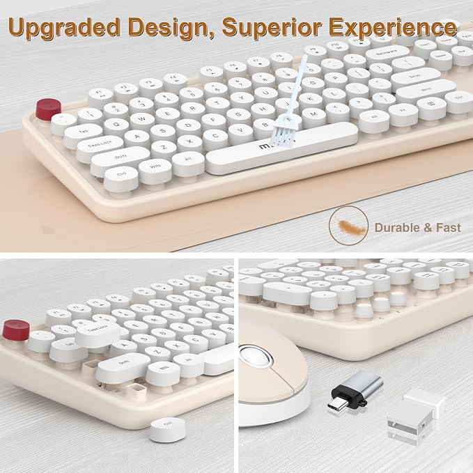 Wireless Keyboard Mouse, 104 Keys Cute Colorful Typewriter Creamy White | With OTG & Long Clean Bruch,Compatible With All windows and Type C Computer,1600DPI,Ideal For PC, Home, Office and College - Image 3