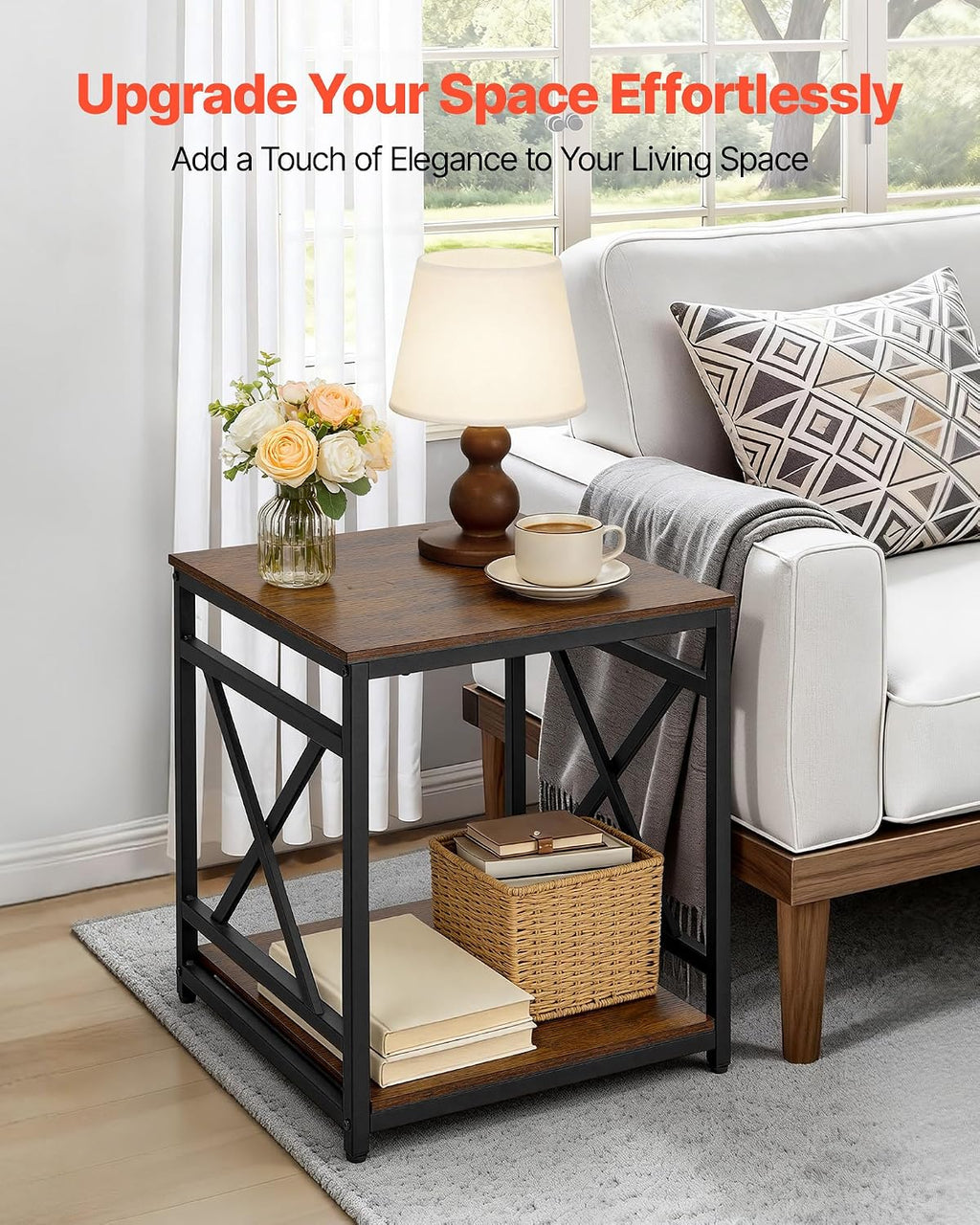 VEVOR End Table 18" Square, 2-Tier Side Table with Open Storage Shelves, Industrial Nightstand Bedside Table with Metal Frame & Wood Top, Small Sofa Table for Living Room, Bedroom, Office, Dorm - Image 3