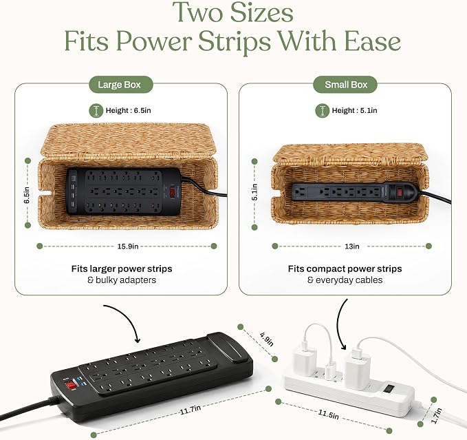 2PCS Cable Management Box Set, Handmade Rattan Cord Organizer | Large & Standard Sizes for Power Strip, Router & USB Hub, Registered U.S. Design Patent - Image 2