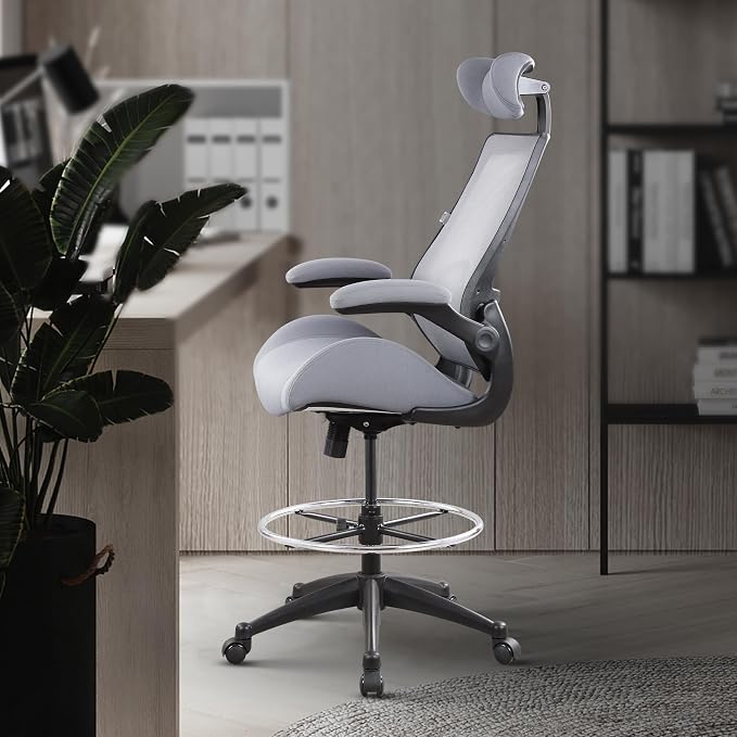 BOLISS 400lbs High Back Drafting Chair with Adjustable Headrest | High Computer Office Chair for Standing Desk, Flip up Armrests, Lumbar Cushion, Adjustable Big Footrest Ring - Image 4