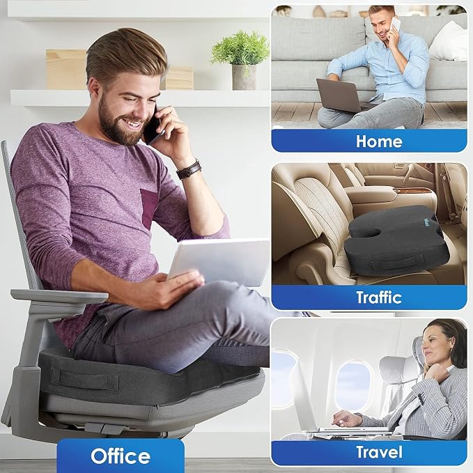 Seat Cushion for Office Chair, Car, Memory Foam, Grey Large | For Back, Coccyx, Sciatica, Tailbone Pain, Ergonomic Design, Non-Slip, Desk Wheelchair Use, Supportive Butt Pillow, For Man - Image 7