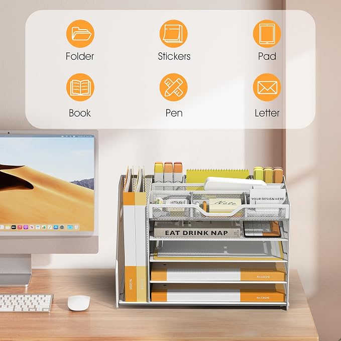 5 Tier Paper Letter Tray Desk Organizer with Pen Holders - White | Features 3 pen holders and 4 removable dividers.Versatile mesh desktop storage for mail, document,office supplie - Image 7