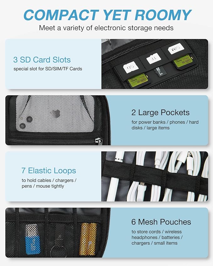 BAGSMART Large Electronic Organizer Travel Case for Tech Accessories, Black | Tech Accessories, Cord Storage, For Phone, Power Bank, SD Card, Cables - Image 3