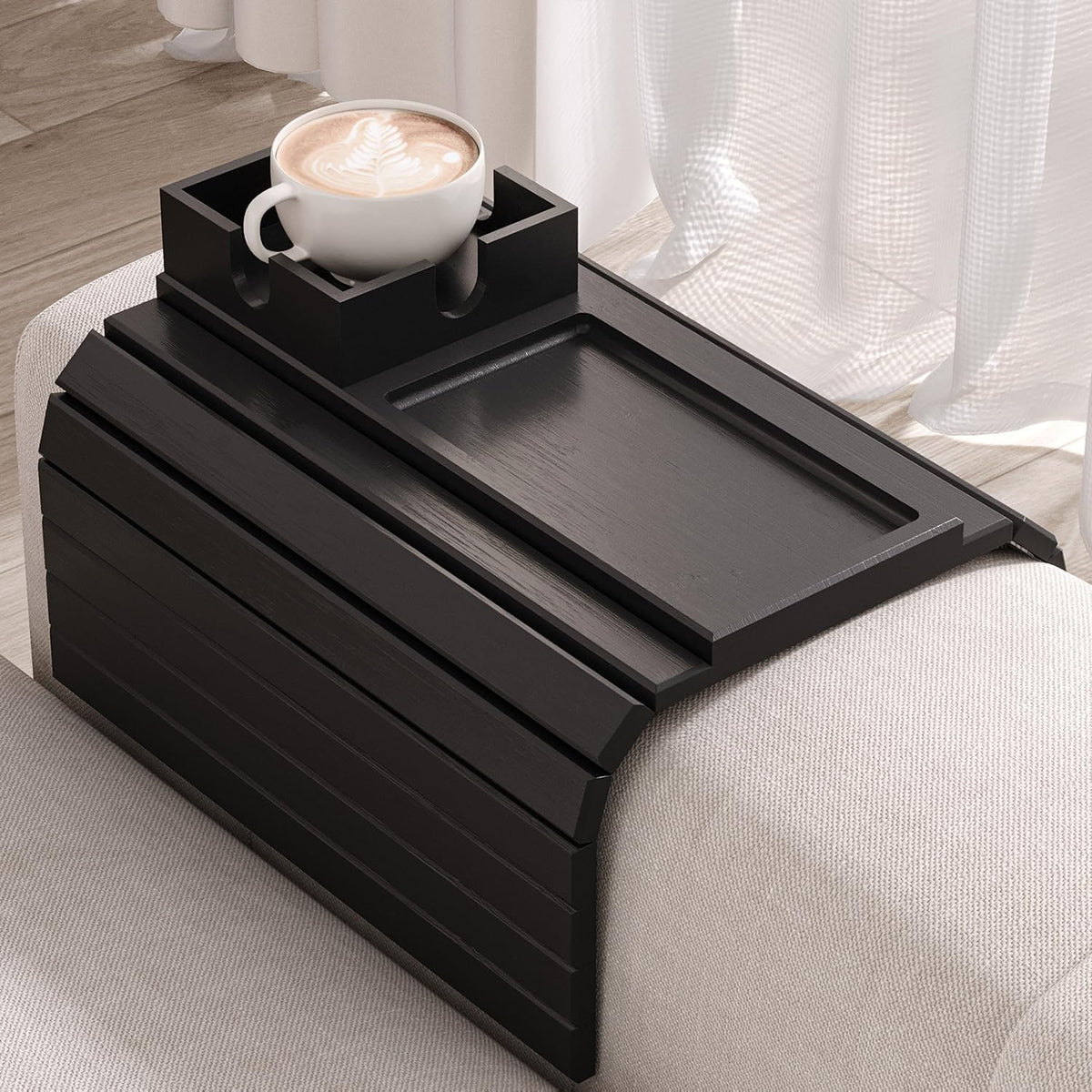 Fibogollo Bamboo Foldable Sofa Arm Tray with Square Cup Holder（Black） by Fibogollo