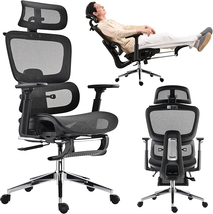 Mesh Ergonomic Office Chair with Footrest, Black | High Back, Lumbar Support, Adjustable Headrest and Armrests, Gaming Chair,Home Office Desk Chair by hujusko